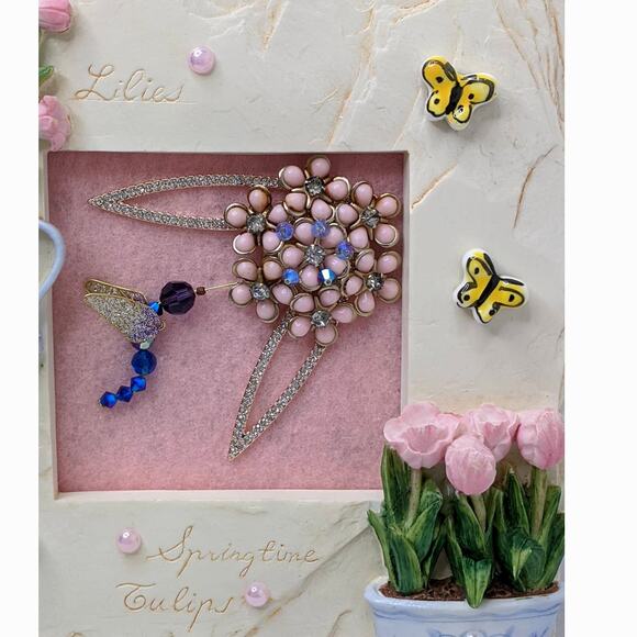 Artisan Hummingbird Jewelry Art Garden Nature Frame Vintage Beaded Crystals 3D - Picture 10 of 13